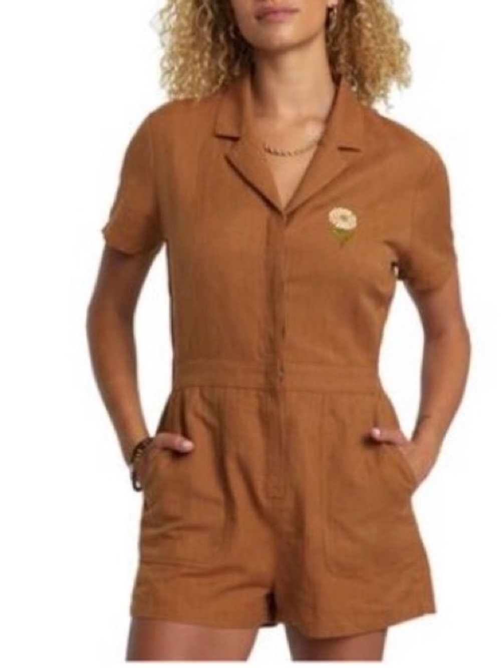 RVCA Short-Sleeve One-Piece Romper in Rust Brown Size S